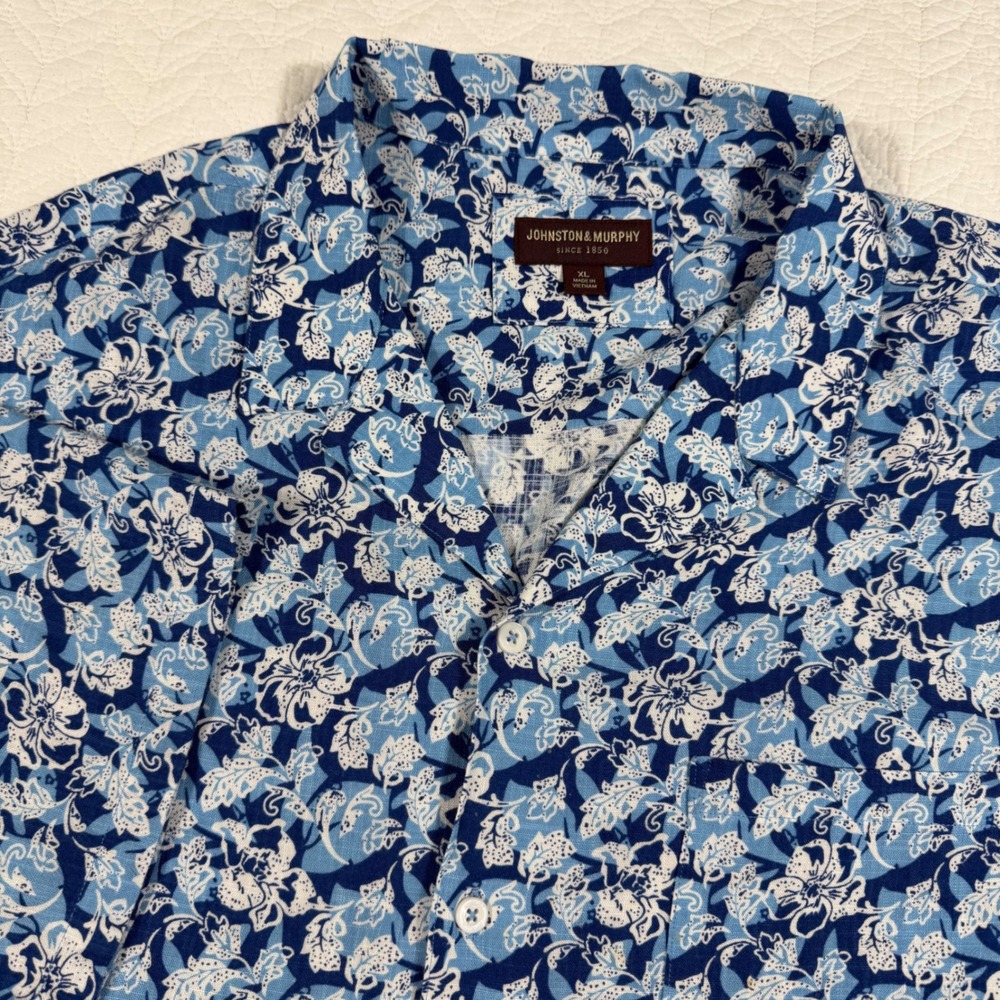 Johnston & Murphy Floral Button Up Shirt Mens‎ XL Blue Tropical 100% Rayon NWOT